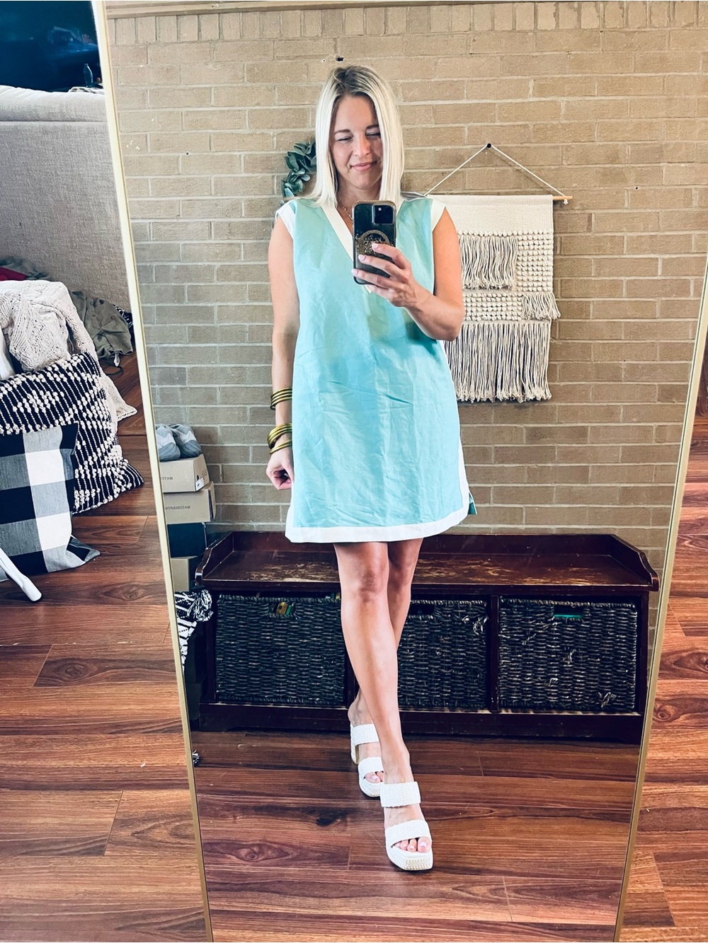 Sleeveless V-Neck Aqua and Cream Mini Dress